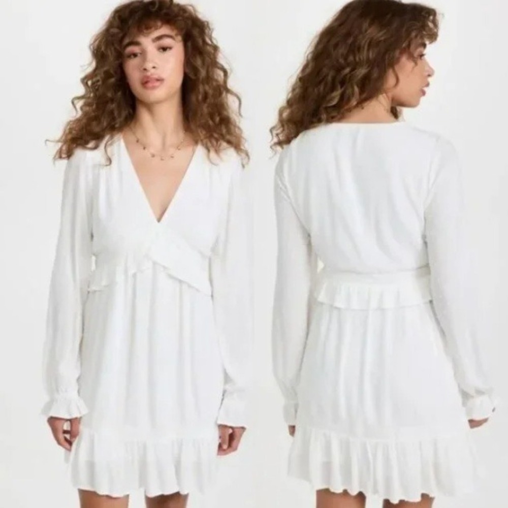 PAIGE Odelise White Clip Dot Ruffle Lace Trim V-Neck Long Sleeve‎ Mini Dress S